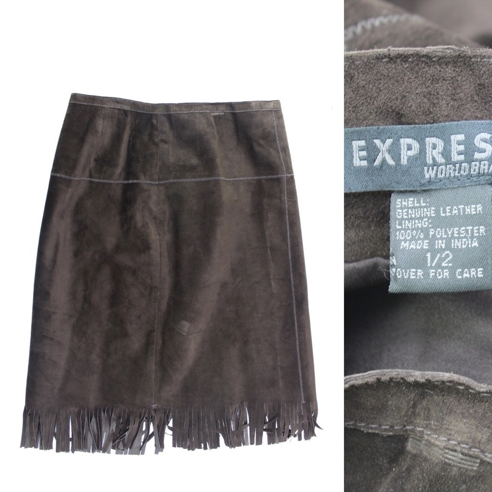 VTG Express 100% Genuine Leather Coffee Brown Fringe Hem Hobo MIDI Skirt 1/2